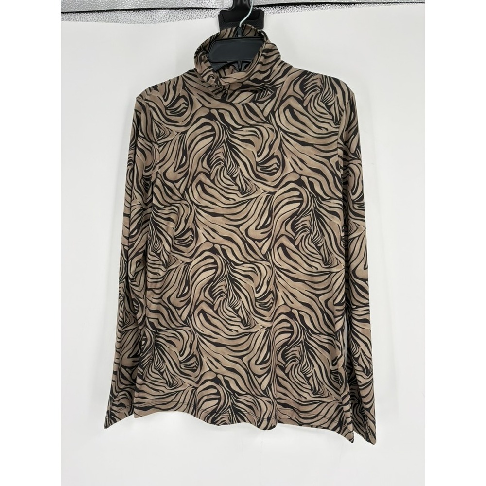 J.McLaughlin Top Women XS Brown Zebra Swirl Print Turtleneck Long Sleeve Stretch